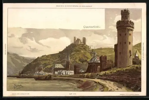 Künstler-Lithographie Carl Biese: Oberwesel, Blick auf den Ort