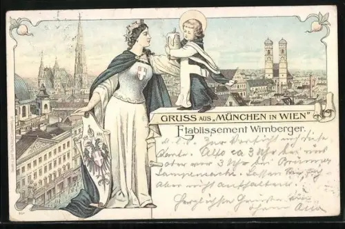 Lithographie Wien, München in Wien, Restaurant Wimberger Neubaugürtel 34, Austria mit Münchner Kindl