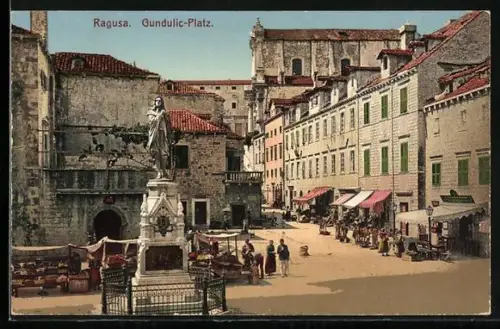 AK Ragusa, Gundulic-Platz mit Denkmal und Ständen