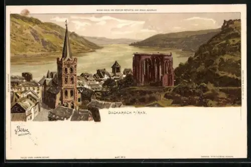 Künstler-AK C.Biese: Bacharach, Ruine der Wernerkapelle mit Teilansicht der Ortschaft um 1900