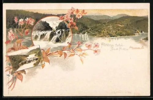 Lithographie Plitvicka Jezera, Plitviczai Tavak, Landschaft mit Wasserfall