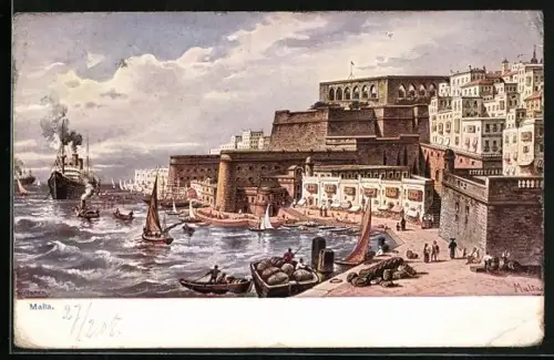 AK Malta, Hafenpartie, Dampfer