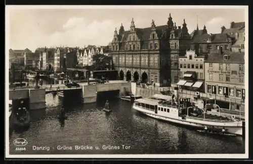 AK Danzig / Gdansk, Teilansicht mit Grüne Brücke ung Grünes Tor