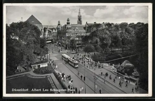 AK Düsseldorf, Albert-Leo-Schlageter-Platz mit Geschäften und Strassenbahn