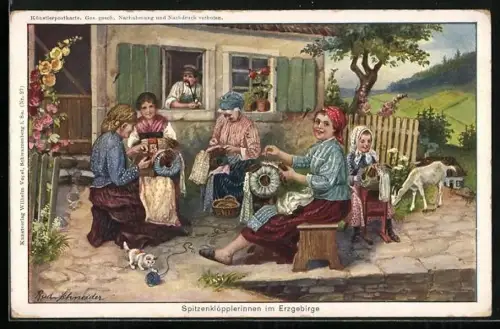 Künstler-AK Rudolf Schneider: Spitzenklöpplerinnen im Erzgebirge, Frauen in Tracht bei der Arbeit vor dem Haus