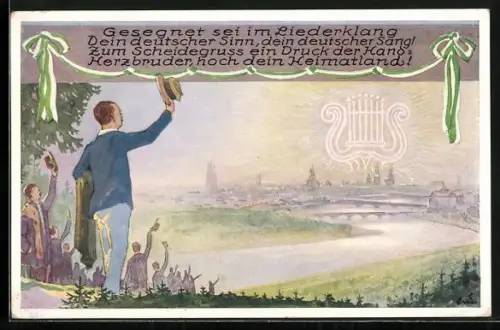 Künstler-AK Dresden, 1. Sächsisches Sängerbundes-Fest 20.-23. Juni 1925, Sängerstrom vor der Stadt