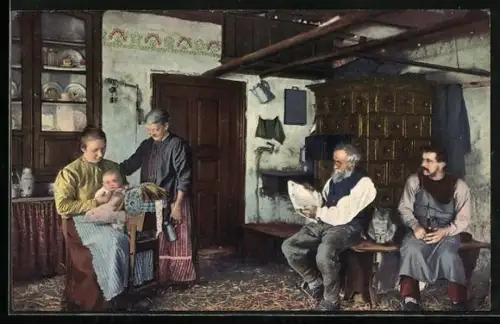 AK Bauernfamilie aus dem Erzgebirge beim Klöppeln
