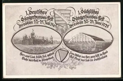 AK Dresden, 1. Deutsches Sängerbundes-Fest 1865 und 1. Sächsisches Sängerbund-Fest 1925