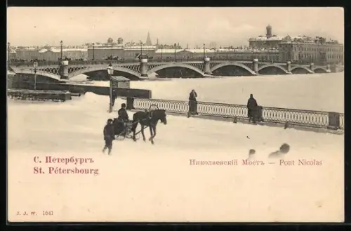 AK St. Petersbourg, Pont Nicolas, Pferdeschlitten, verschneite Strassen