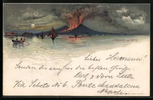 Lithographie Vulkan Vesuv, Ausbruch um 1872