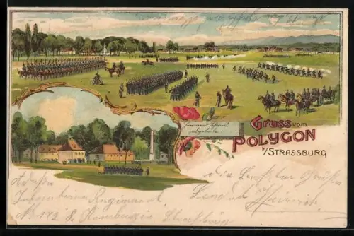 AK Strassburg, Polygon mit Aufmarsch der Soldaten