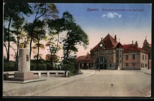 AK Oppeln, Bahnhof und Bismarckdenkmal