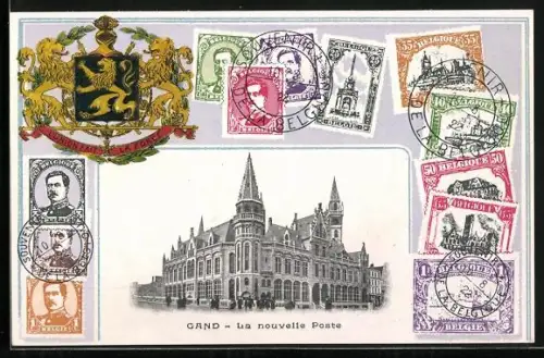 AK Gand, La nouvelle poste, versch. Briefmarken, Wappen