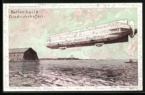 Künstler-AK Friedrichshafen, Ballonhalle, Luftschiff Zeppelin