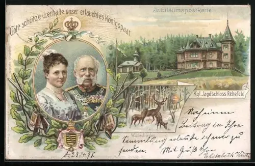 Lithographie Rehefeld, Kgl. Jagdschloss, Königspaar von Sachsen