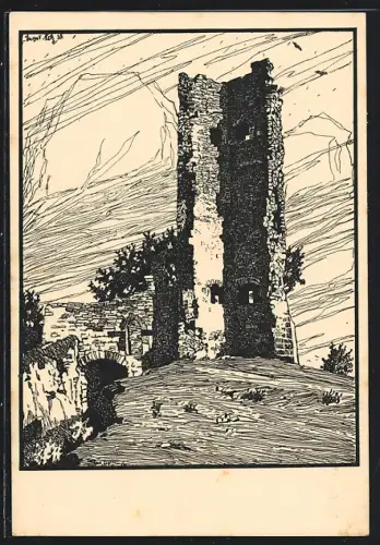 Künstler-AK Boyneburg, Blick zur Ruine