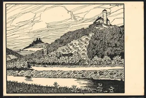 Künstler-AK Hanstein, Blick auf den Hanstein und Ludwigstein