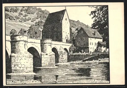 Künstler-AK Creuzburg, Ortsansicht mit Werrabrücke