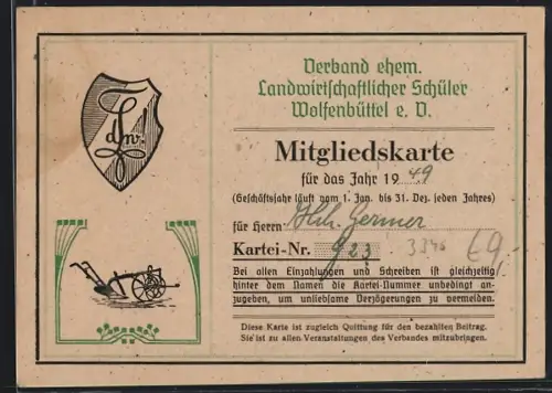 AK Wolfenbüttel, Mitgliedkarte vom Verband ehem. Landwirtschaftlicher Schüler