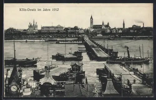 AK Köln-Deutz, geöffnete Schiffbrücke, Durchfahrt für Dampfer wird freigegeben, 1912