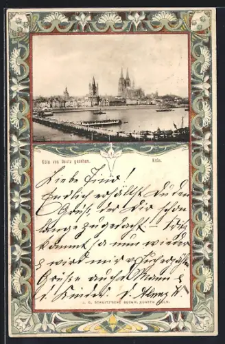 AK Köln, Ortsansicht von Deutz aus gesehen mit Rhein und Dom