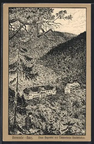 Künstler-AK Gernrode /Harz, Haus Hagental mit Töchterheim Waldfrieden