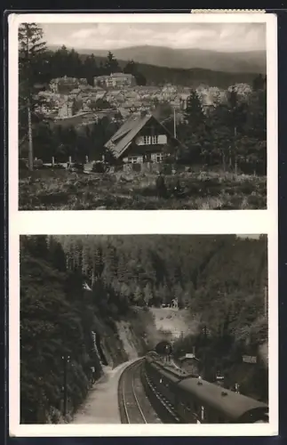AK Oberhof / Thüringen, Panorama, Blick auf Bahnhof & Brandleite-Tunnel mit Eisenbahn