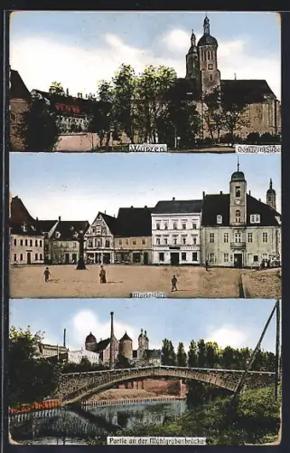 AK Wurzen, Dom vom Süden her, Marktplatz u. Partie an der Mühlgrabenbrücke