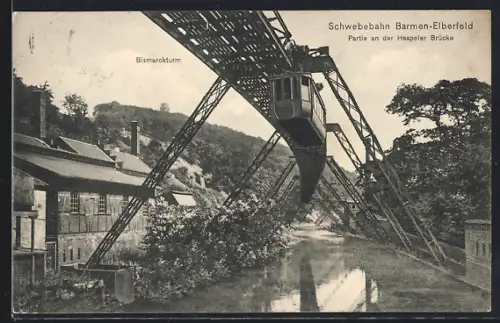 AK Barmen-Elberfeld, Partie an der Haspelerbrücke, Bismarckturm, Schwebebahn