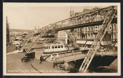 AK Elberfeld, Schwebebahn an der Isländer-Brücke mit Strassenbahn