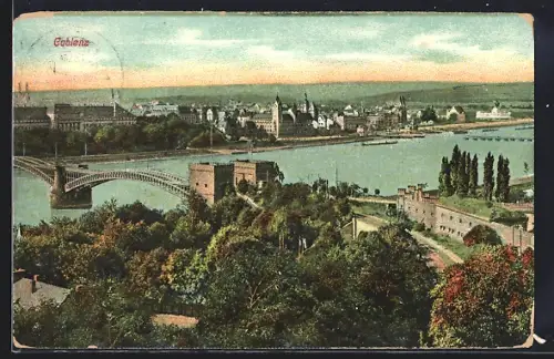 AK Koblenz, Rheinbrücke und Festung Ehrenbreitstein