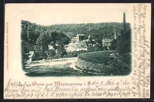 AK Mägdesprung i. H., Ortsansicht mit Fabrik und Schornstein
