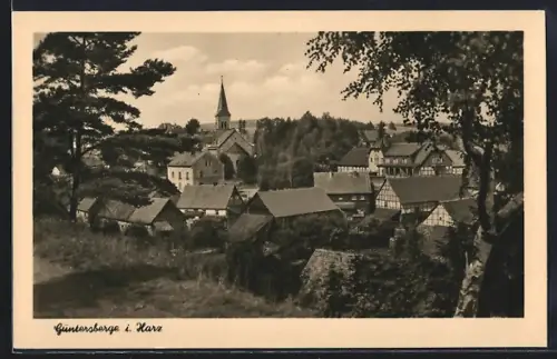 AK Güntersberge i. Harz, Ortsansicht mit Kirche und Fachwerkhäusern