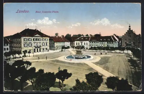 AK Landau / Pfalz, Max Josephs-Platz, Brunnen, historische Gebäude