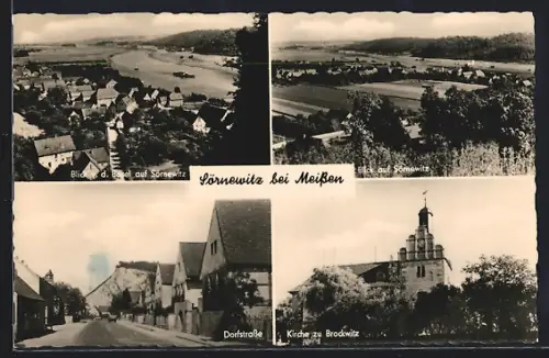 AK Sörnewitz bei Meissen, Blick auf Sörnewitz, Dorfstrasse, Kirche zu Brockwitz