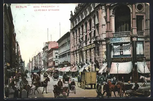 AK Berlin, Strassenszene mit Ausstellung Loeser & Wolff, Ecke Friedrich- und Leipziger Strasse
