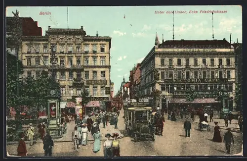 AK Berlin, Victoria Café, Unter den Linden Ecke Friedrichstrasse, Strassenbahn