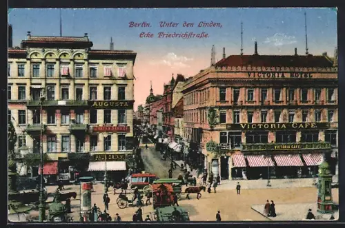 AK Berlin, Victoria Hotel und Victoria Café, Unter den Linden Ecke Friedrichstrasse
