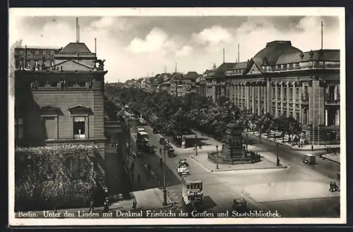 AK Berlin, Unter den Linden, Denkmal Friedrich des Grossen, Staatsbibliothek
