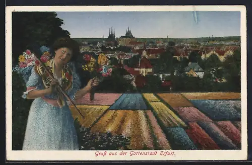 AK Erfurt, Blumenmädchen mit Feldern und Ortschaft