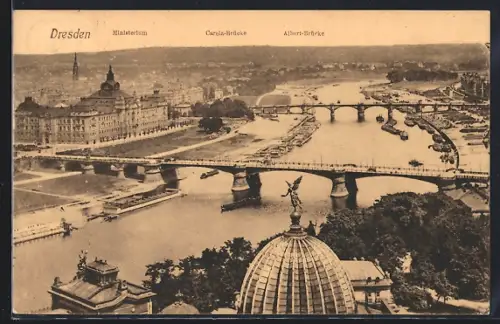 AK Dresden-Neustadt, Blick von der Frauenkirche mit Ministerium, Carolabrücke und Albert-Brücke