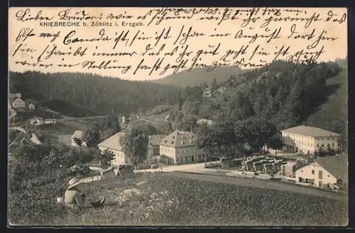 AK Zöblitz, Gasthof z. Kniebreche mit Ortspanorama