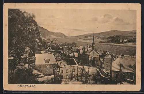 AK Trier-Pallien, Verschneite Ortschaft mit Flusslauf