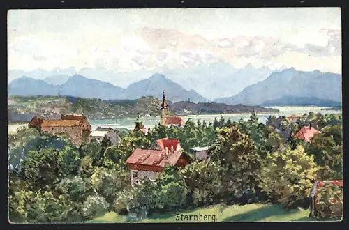 Künstler-AK Starnberg, Gesamtansicht mit Gebirgskette