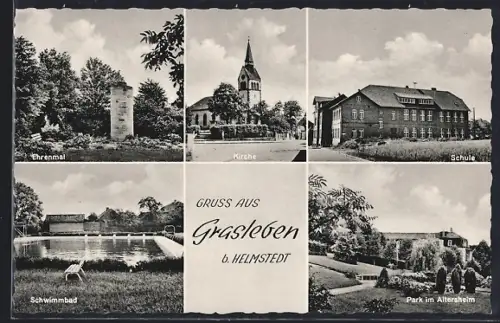 AK Grasleben b. Helmstedt, Ortspartien Schwimmbad, Kirche und Park im Altenheim