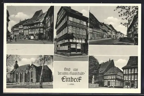 AK Einbeck, Ortspartien mit Kirche, Ratsapotheke und Strasse mit Geschäften