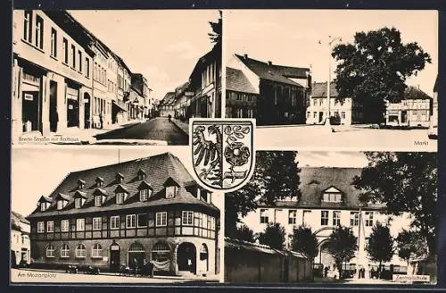 AK Bismark /Altmark, Ortspartien am Mozartplatz, Breitestrasse mit Rathaus und Zentralschule