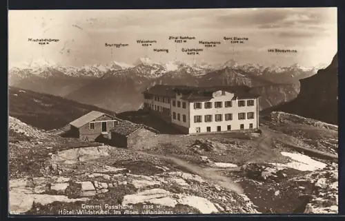 AK Gemmi Passhöhe, Hotel Wildstubel et les Alpes Valaisannes, Weisshorn, Moming et Gabelhorn