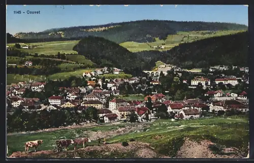AK Couvet, Teilansicht mit Kühen