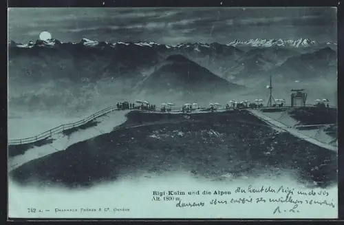 Mondschein-AK Rigi-Kulm, Panorama mit den Alpen